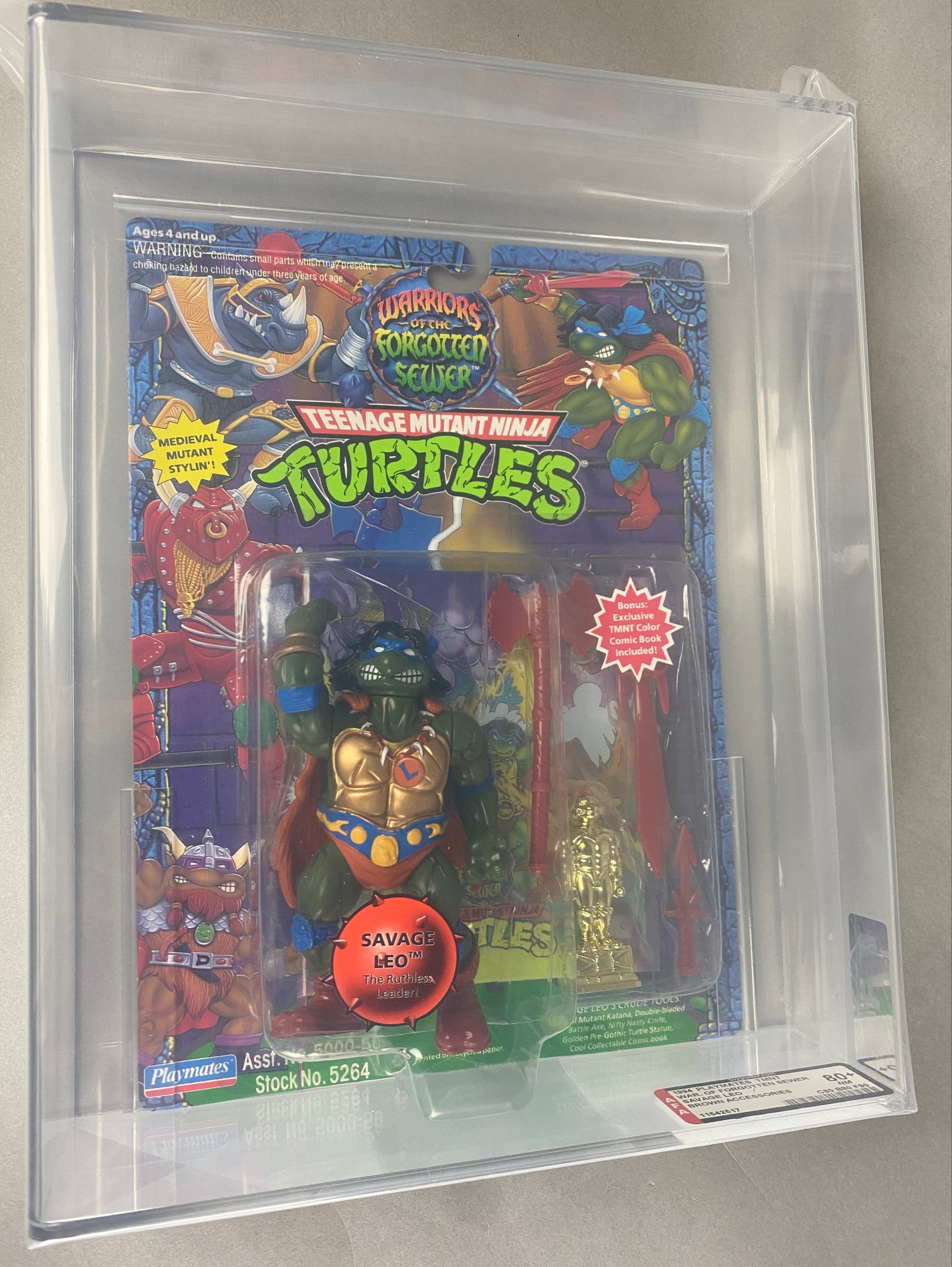 Teenage Mutant Ninja Turtles Savage Leo boxed figure AFA graded 80+. Front photo.