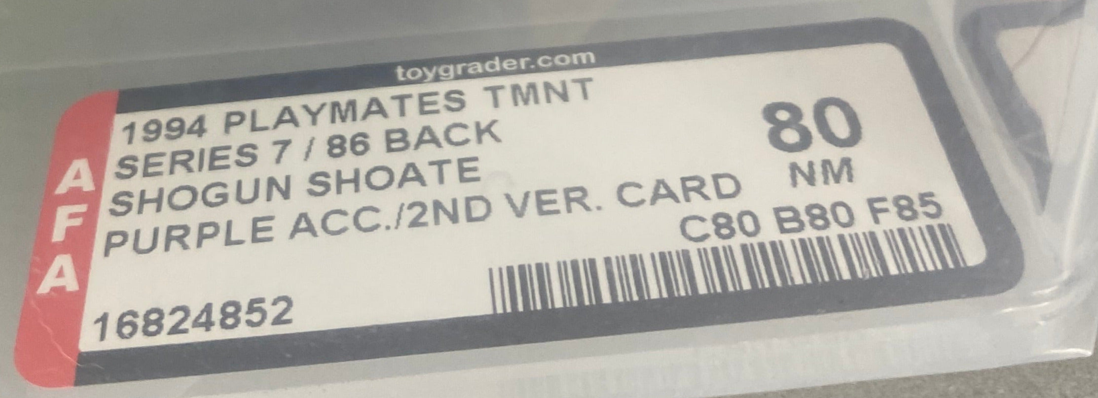 Teenage Mutant Ninja Turtles Shogun Shoate boxed figure AFA graded 80.  Label photo close-up.