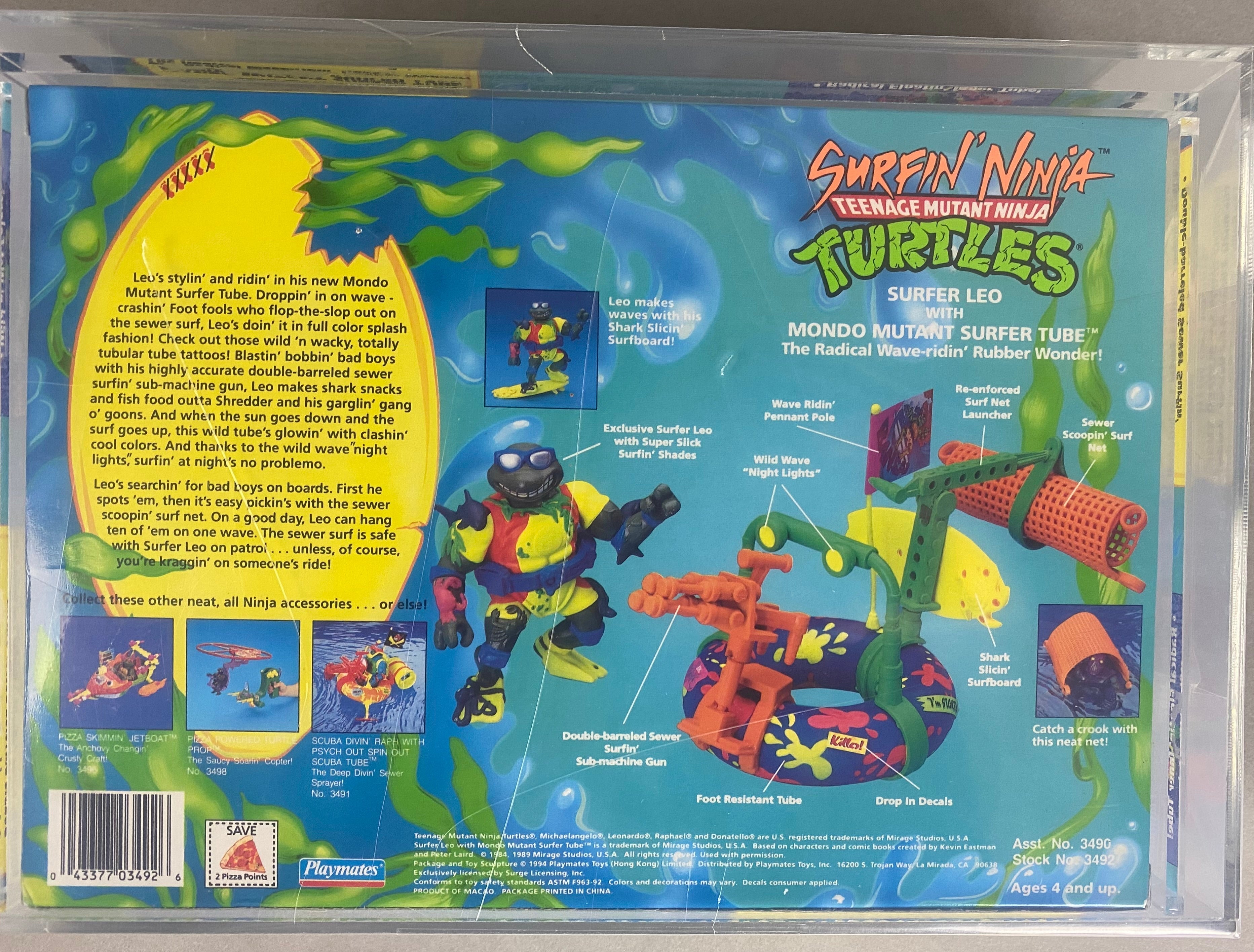 Teenage Mutant Ninja Turtles Surfer Leo boxed figure AFA graded 85. Back photo.