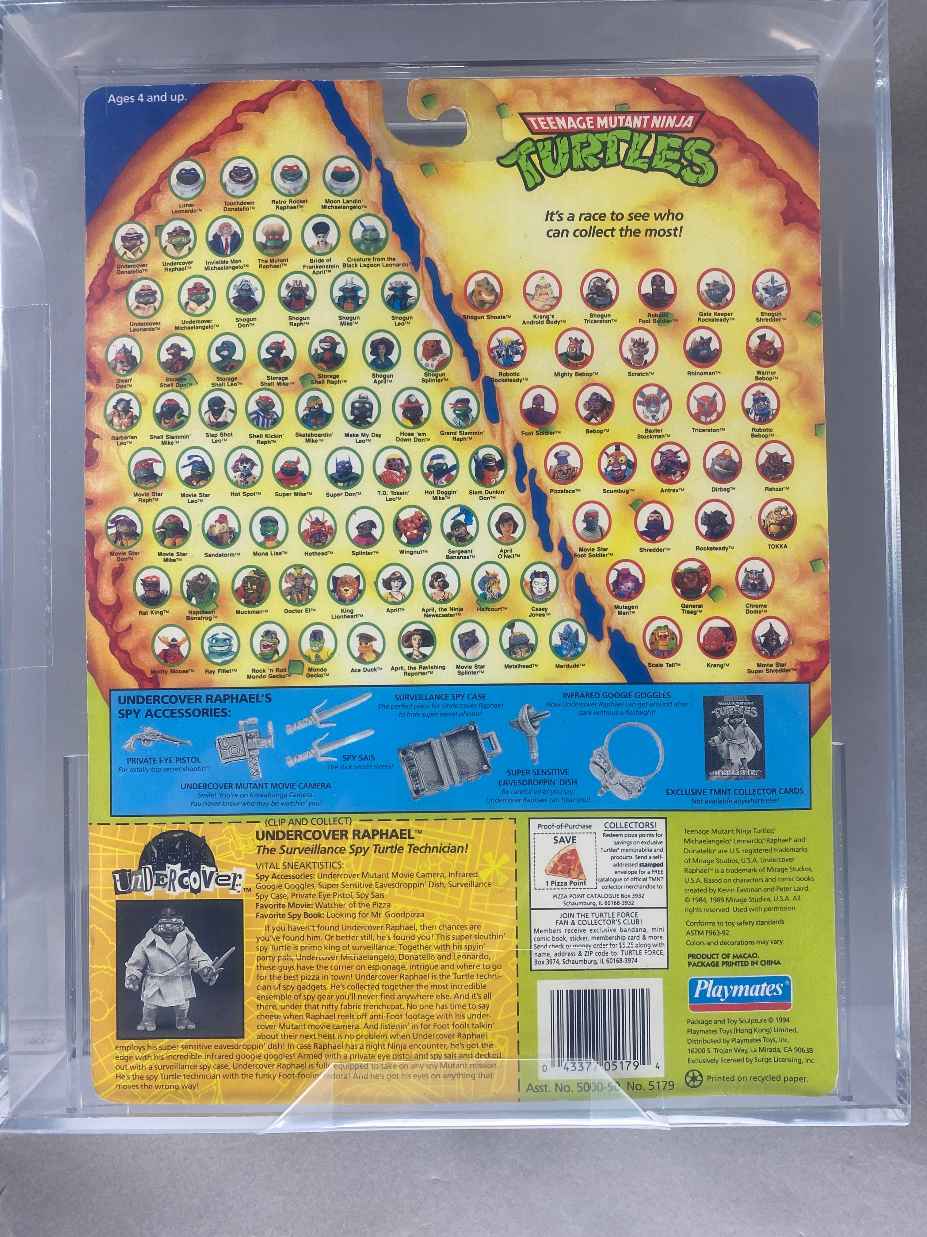 A Teenage Mutant Ninja Figure featuring Raphael from the Undercover series. The figure is graded AFA 80+. Back view.