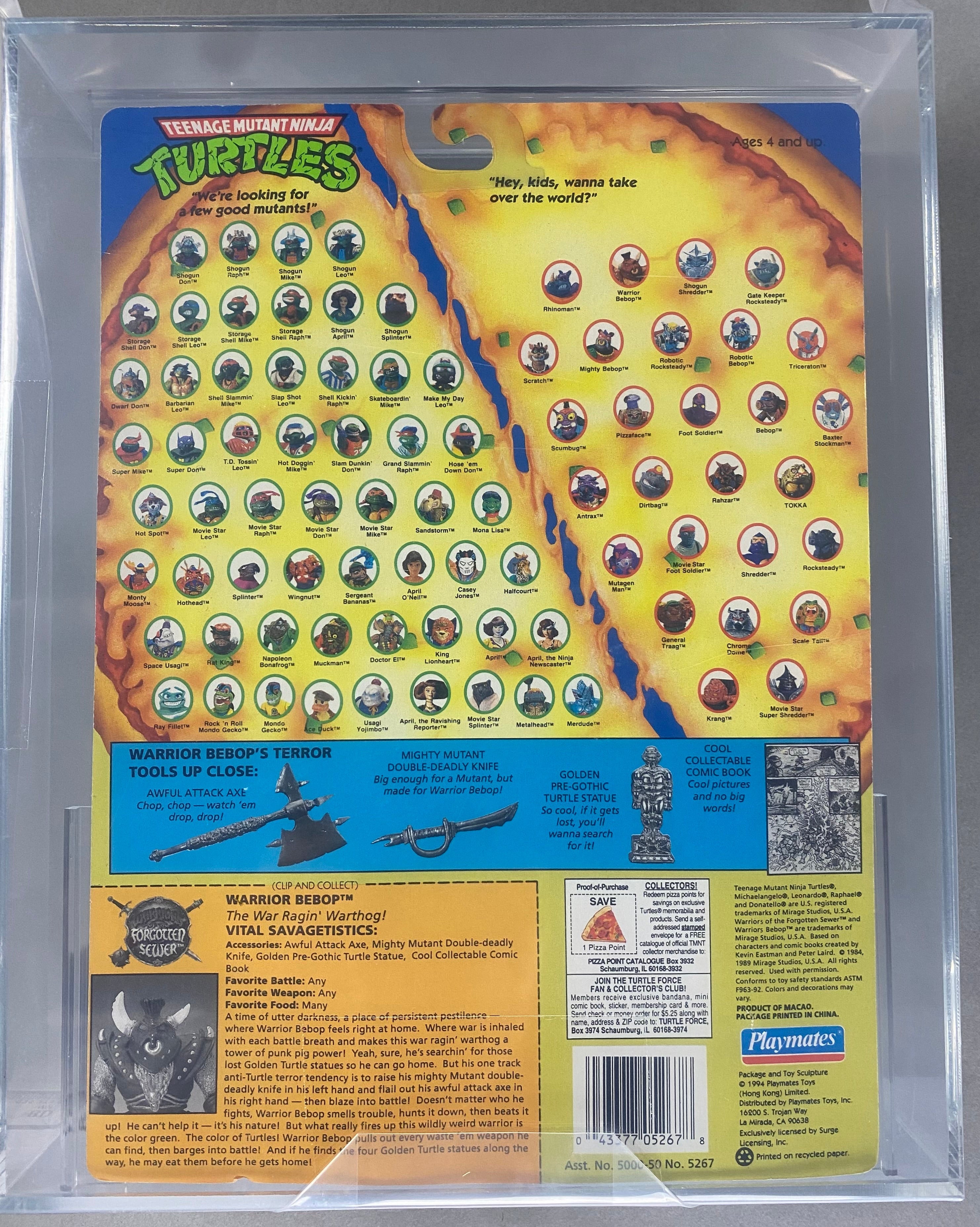 Teenage Mutant Ninja Turtles Warrior Bebop boxed figure AFA graded 80.  Back photo.