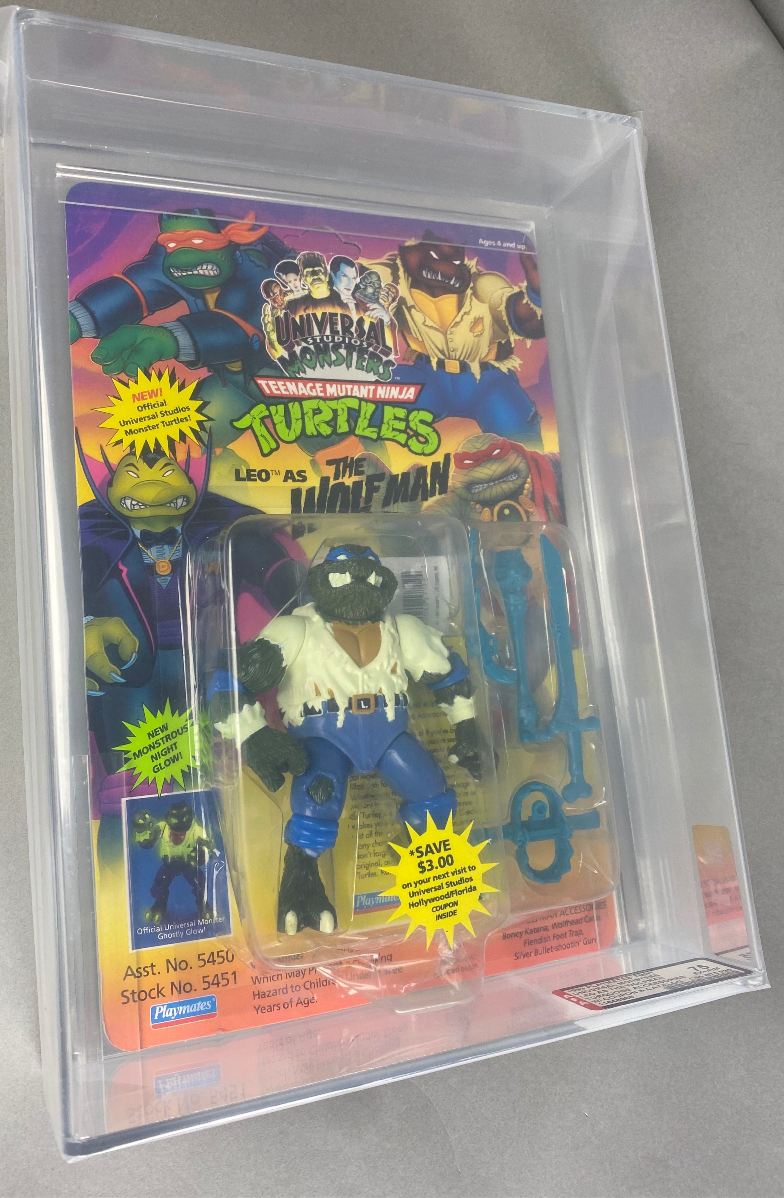 Teenage Mutant Ninja Turtles Leo Wolfman Universal Studios Monster boxed figure AFA graded 80. Front photo.